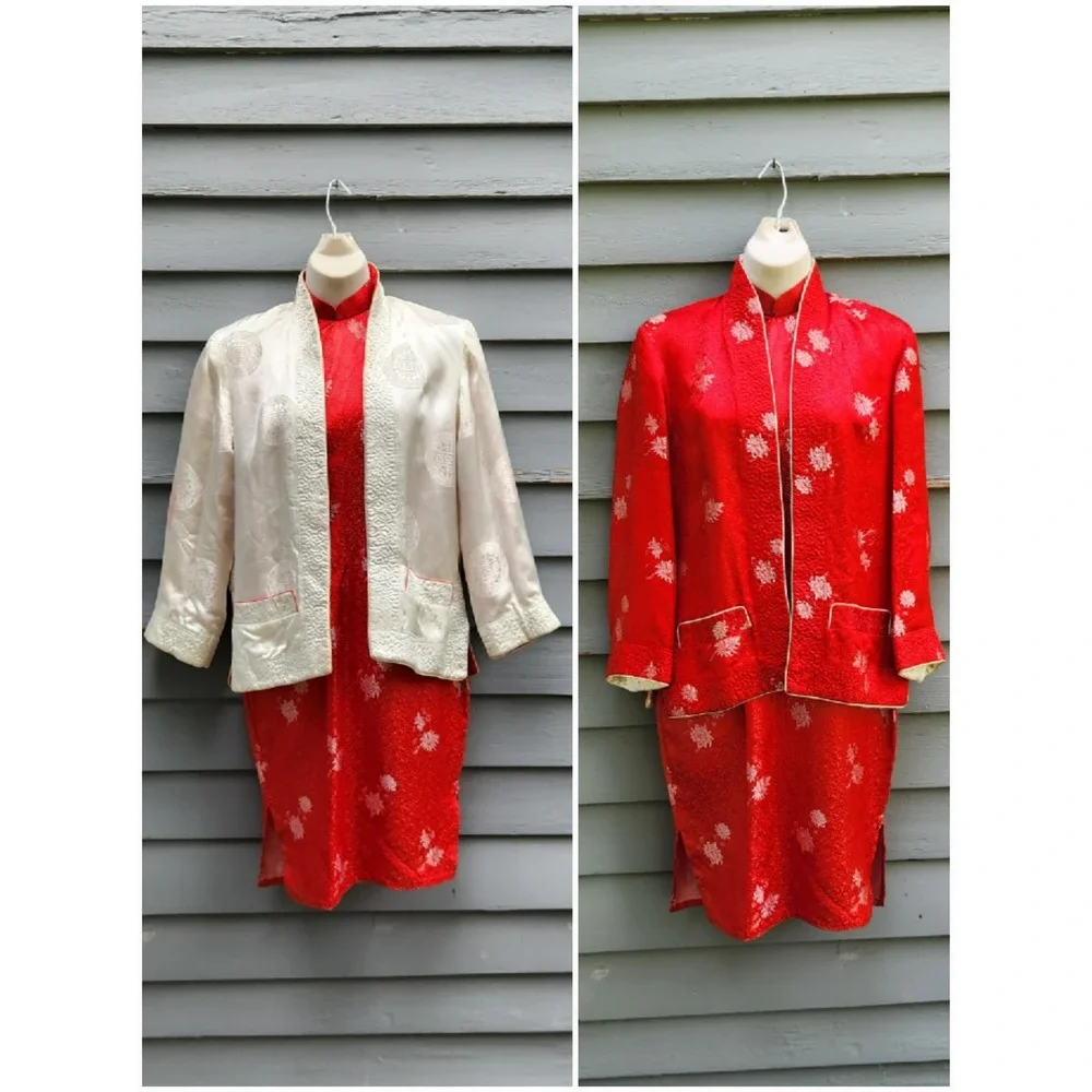 Vintage Silk Brocade Cheongsam Qipao Dress & Jacket Set Red White Small